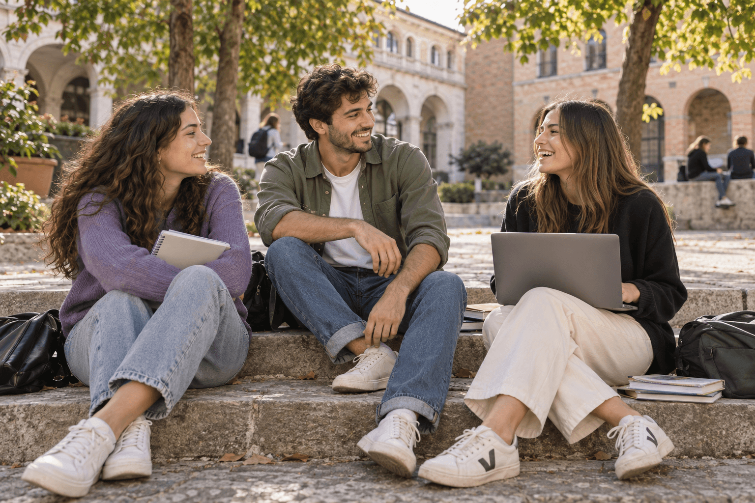 Tre studenti condividono una pausa nel cortile di un campus. Immagine illustrativa generata.